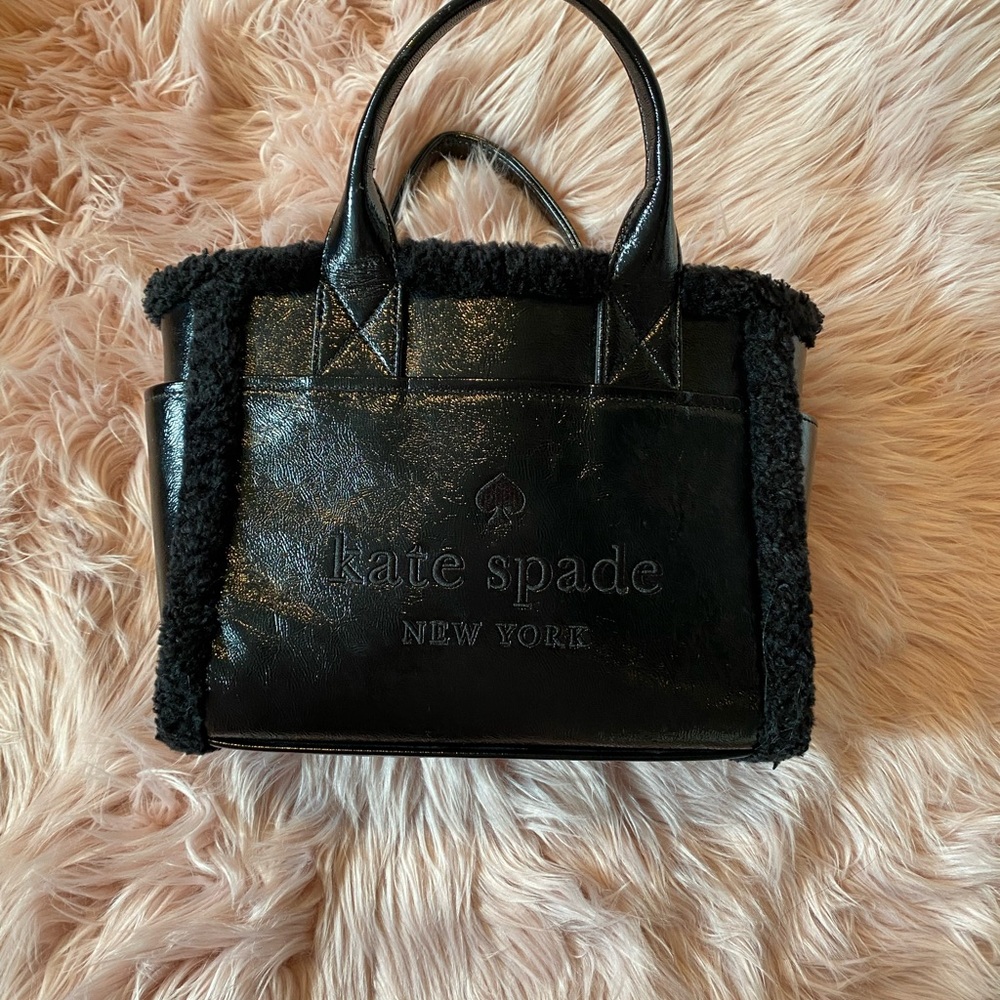 Kate Spade Black Shearling-Trim Leather Tote Bag